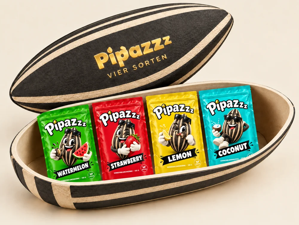 Pipazzz Kernbox als Vierer, geöffnet, mit vier Beuteln darin